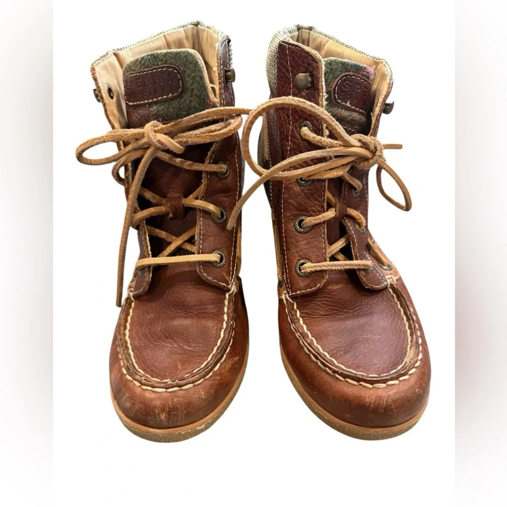 Sperry Brown Sperry Bailey duck wedge boots in Brown Leather‎ & Plaid size 8